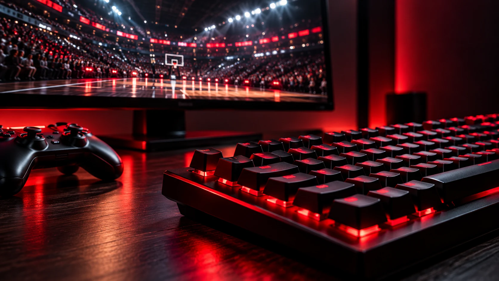 A PC gaming setup with a controller and monitor